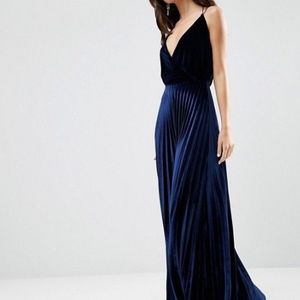 Blue Strappy Pleated Velvet Maxi Dress